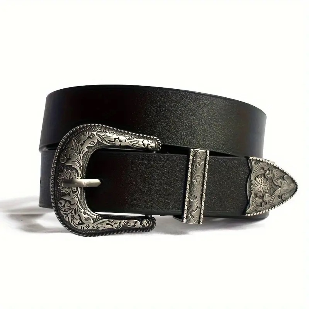 Black Belt With Polished Floral Statement Buckle